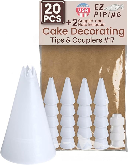 Reusable Plastic Piping Tips Standard Size Star Tip #17 20 Pack with 2 Couplers Star Icing Nozzle for Cake Decoration, Dessert Design Baking Supplies and Piping Bags Base Ø 0.75"Height 1.25"