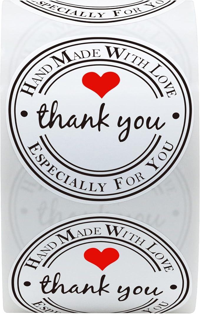 Hybsk White Gloss Thank You Hand Made with Love with Red Heart Stickers 1.5" Inch Round Total 500 Adhesive Labels Per Roll (White Gloss)