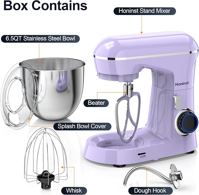 Honinst Stand Mixer, 6.5QT 10-Speed Tilt-Head Electric Stand Mixer, 3-In-1 Kitchen Mixer with Bowl, Dough Hook, Whisk and Beater, Food Mixer for Baking, Cake and Most Home Cooks, Purple