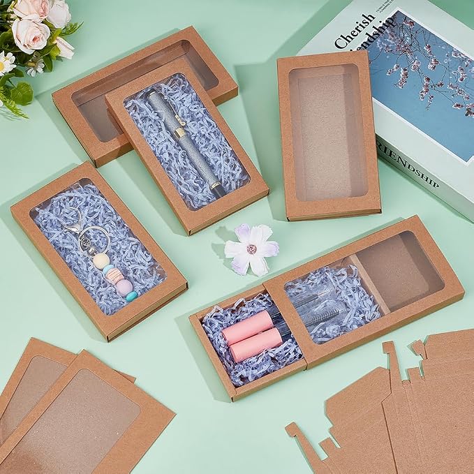 BENECREAT 12Pcs Rectangle Kraft Paper Boxes Brown Bakery Favor Boxes 6.3×3.4×0.6Inches Gift Boxes with Clear PVC Windows for Bakery, Wedding, and Party Favors Packaging