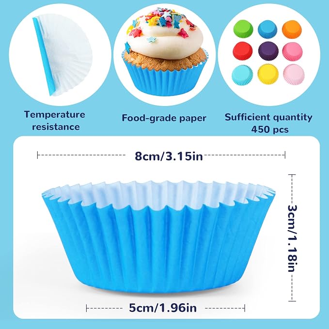 SANNIX 450pcs Rainbow Bright Cupcake Liners, Colorful Baking Cups Cupcake Wrappers Paper Wraps Muffin Liners for Birthday Pride Party Decorations Supplies(9 Colors)