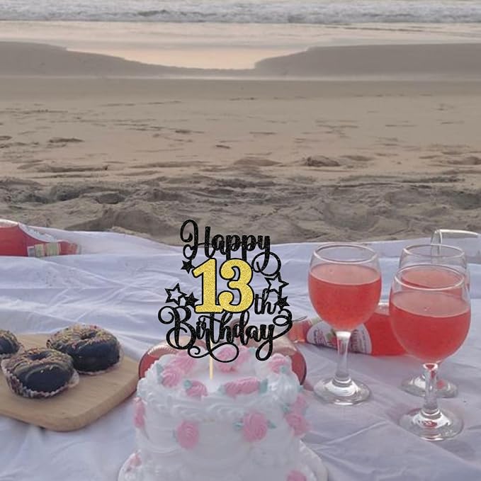1 PCS Happy 13th Birthday Cake Topper Black Gold Glitter Cheers to 13 Years Birthday Cake Pick Hello 13 Fabulous Cake Decoration for Happy 13th Birthday Anniversary Party Decorations Supplies