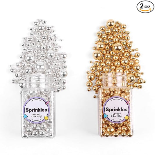 Pearl Sprinkles for Cake Decorating, Gold Pearl Sprinkles, Sliver Pearls Sprinkles, Sugar Pearls, Metallic Sprinkles Mix for Cake, Cupcakes, Macaron, Ice Cream, and Cookies. (120g/4.2oz)