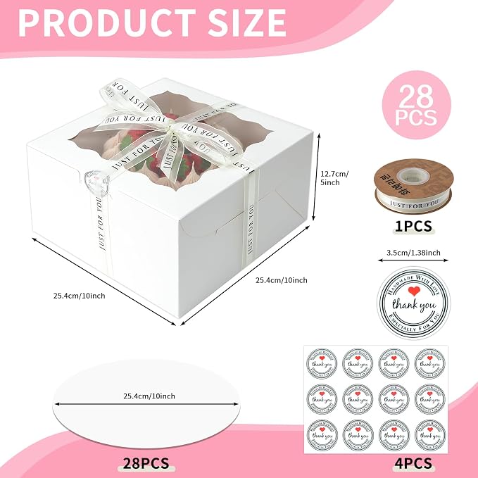 56 Pcs 10x10x5 Inches Cake Boxes with Window,28pcs White Boxes and 28 pcs Boards, 10 Inch Cake Box, with Lids for Father's Day Cheesecake, Cookies, Birthday Party.（10 * 10 * 5inch/28pcs
