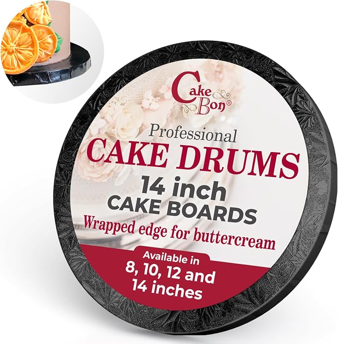 Cakebon Round Cake Boards - Sturdy 1/2 Inch Thick Cake Drums - 14 Inch Professional Base para Pastel Fully Wrapped Edges Black 3-Pack