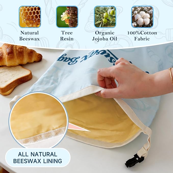 2 Pack Blue Beeswax Bread Bags for Sourdough, Reusable Organic Linen Beeswax Bread Bag 17 x 12.6 Inches, Food Storage Drawstring Cloth Bag, Freezer-Friendly Freshness Preservation for Homemade Baking
