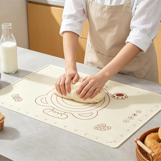 Silicone Baking Pastry Dough Mat - 25"x16" Extra Thick Dough Rolling Matt with Measurement, NonStick Kitchen Counter Kneading Pad Raised Edge, Reusable Heat Resistant for Bread Pizza Fondant Pie Crust