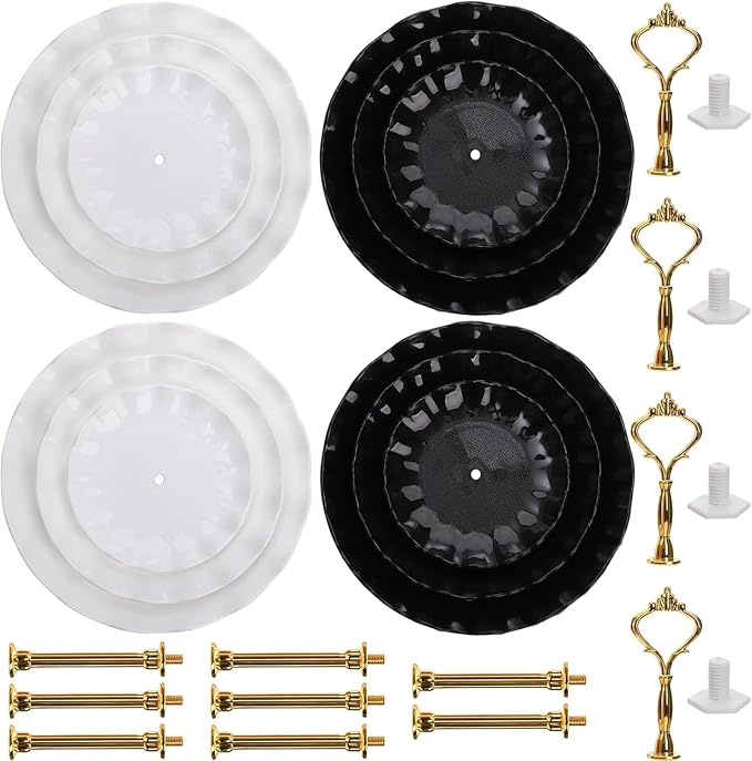 DEAYOU 4 Pack 3 Tier Cupcake Dessert Stand, Plastic Tiered Cake Stand Display Tower, Pastry Serving Tray Platter Rack Holder for Buffet, Cookie, Party, Wedding, Home Decor, White Gold, Black Gold