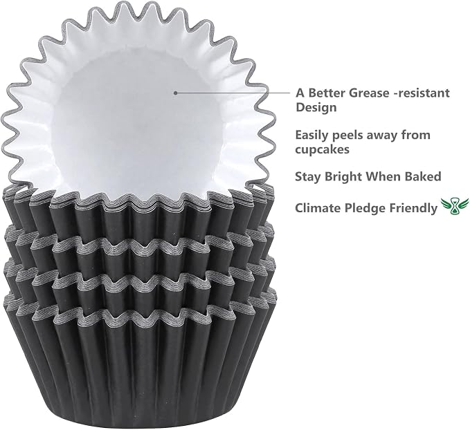 Caperci Heavy Duty Black Cupcake Liners 150pcs - Standard Grease-Resistant Paper Muffin Baking Cups, Odorless, No Muffin Pan Needed, Easily Peels (Black)