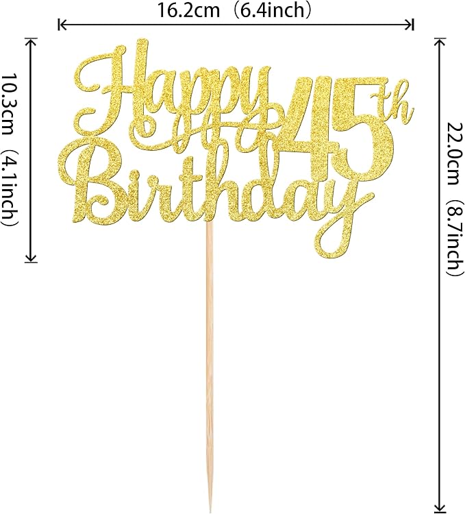 1 PCS Happy 45th Birthday Cake Topper Gold Glitter Cheers to 45 Years Birthday Cake Pick 45 Fabulous Cake Decoration for Happy 45th Birthday Theme Party Decorations Supplies