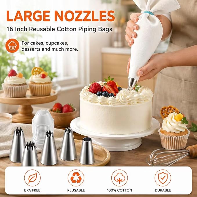 17 Pcs Reusable Piping Bags and Tips Set, Professional Cake Decorating Supplies with Standard Couplers and Silicone Rings, Frosting Baking Tools for Cupcake and Cookie Icing Decoration