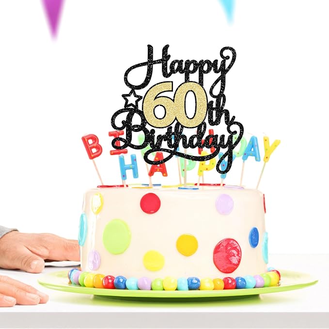 1Pc Happy 60th Birthday Cake Topper Black Gold Glitter Cheers to 60 Years Birthday Cake Pick 60 Fabulous Cake Decoration for Happy 60th Birthday Anniversary Party Cake Decorations Supplies