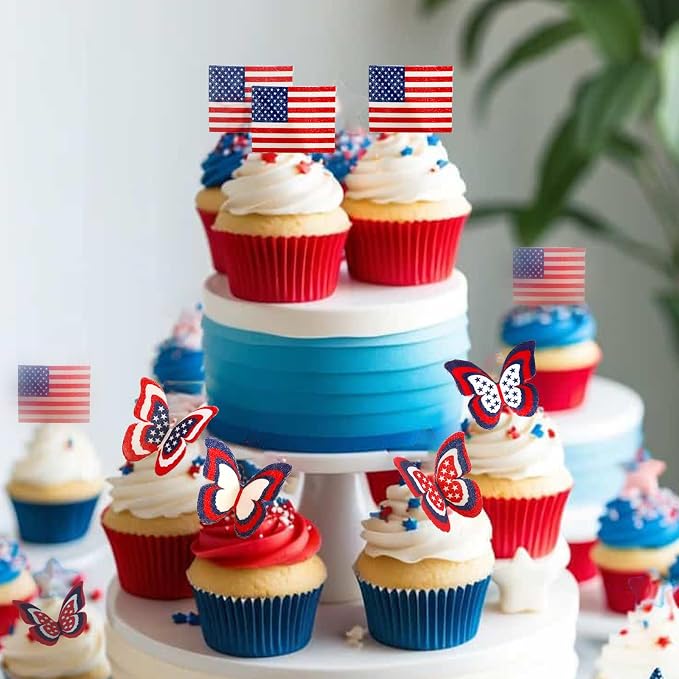 50PCS Edible American Flag Cake Decorations Patriotic Wafer Cupcakes Toppers for 4th of July, Independence Day Parties & Birthday Celebrations (50, American Flag & Butterfly)