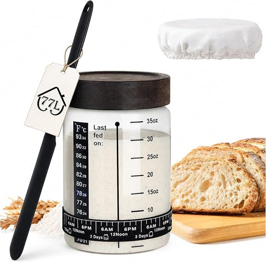 77L Sourdough Starter Jar, 35 oz Sourdough Starter Kit with Date Marker Feeding Band, Thermometer, Food-Grade Scraper, Cloth Cover and Acacia Wood Lid, Sourdough Bread Baking Supplies