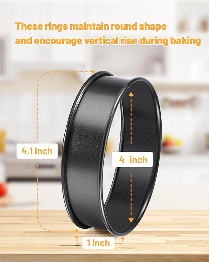 FANGSUN English Muffin Ring 4 Inches, Crumpet Rings Non-stick, Double Rolled Stainless Steel Ring Molds for Cooking Set of 6, Round Baking Egg Rings for Food, Breakfast, Metal Pastry Tart Rings