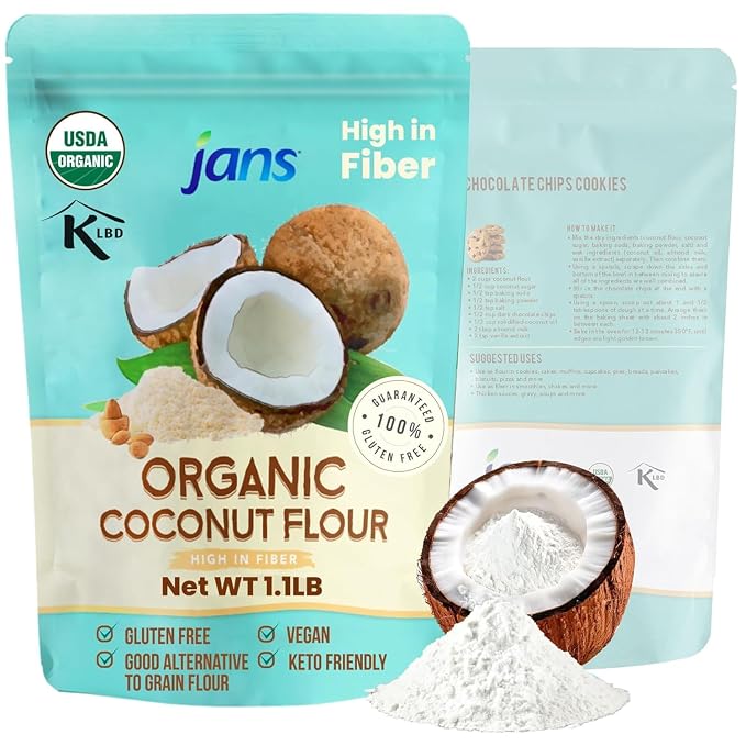 Jans Organic Coconut Flour (1.1 lb, Pack of 12) Certified Organic, Gluten-Free, Keto, Paleo, Vegan Friendly, Multi Purpose Flour Alternative, High Fiber