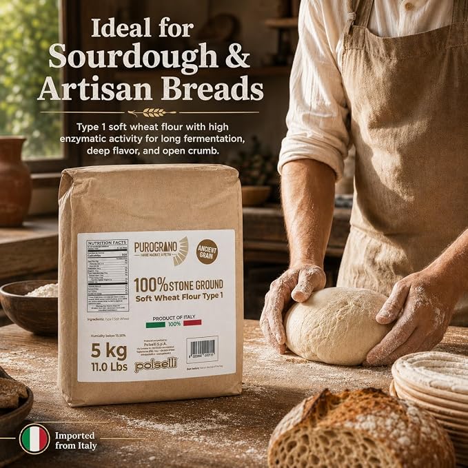 POLSELLI PuroGrano, 100% Stone Ground, Type 1 Soft Wheat Flour, 5 kg | Ancient Italian Grain For Sourdough Bread And Artisan Baking, Unbleached, Unbromated, No Additives, Product Of Italy.