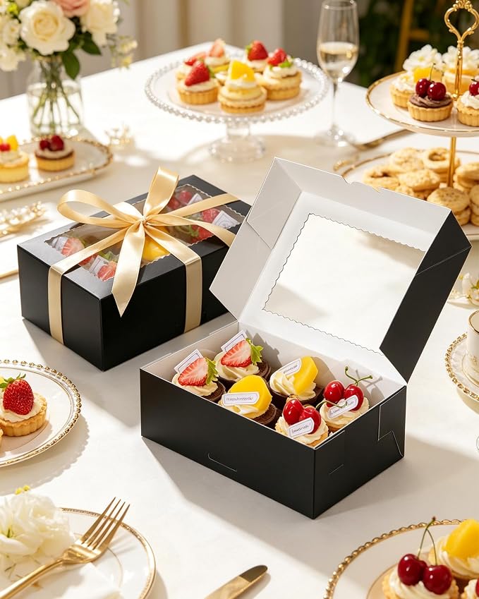 COTOPHER 50Pcs Cookie Boxes with Ribbons, 9x6x3 Inch Bakery Boxes with Window, Black Treat Containers for Pastries, Chocolate Covered Strawberries, Dessert, Easter Candy, Muffins, Donuts