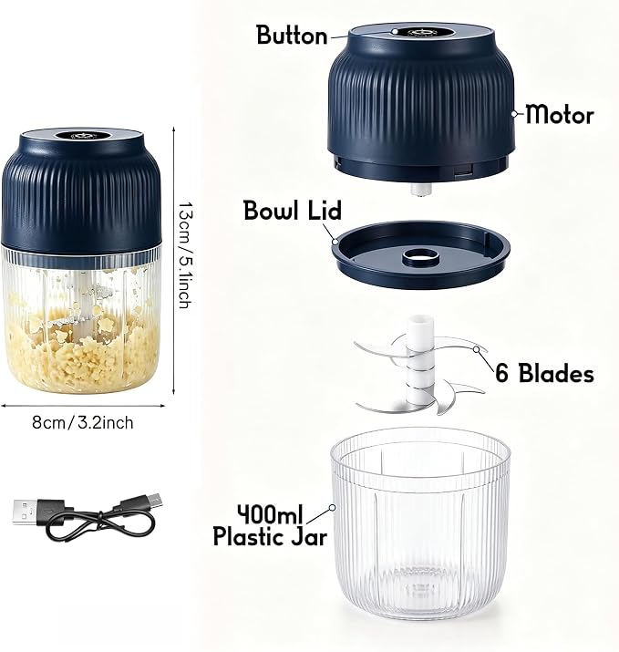 Electric Garlic Chopper, 2026 New 400ML Mini Food Processor, Cordless Garlic Mincer with 6 Stainless Steel Blades, Portable Vegetable Chopper for Onion Salad (Blue)