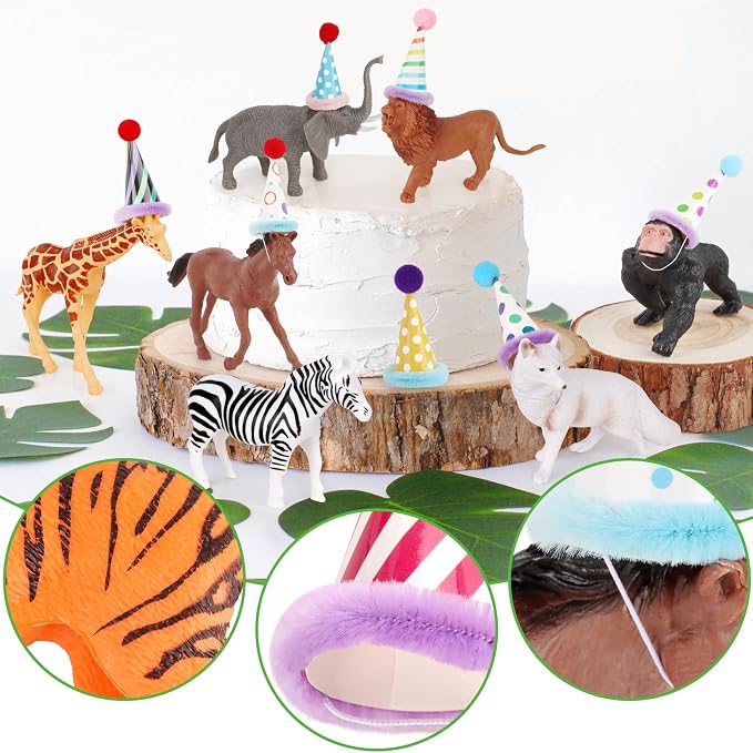 Hooqict 20 Pcs Jungle Animal Birthday Party Decorations Safari Animals Figures with Mini Birthday Hats Animal Cake Toppers for Kids Safari Cake Decorations Wild Zoo Themed Party Decorations