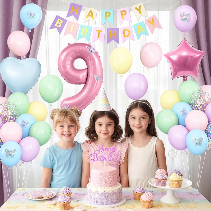 Pastel 9th Birthday Decorations for Girl,Macaron Rainbow 9th Party Decoration Colorful Balloons Banner Star Heart Number 9 Foil Balloon Cake Topper Butterfly Party Decorations