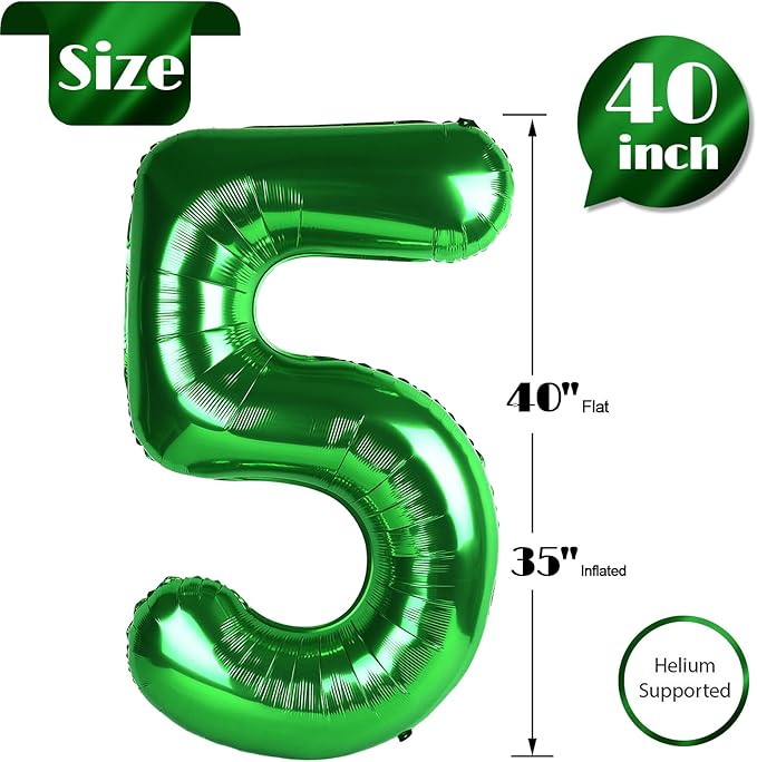 Dark Green Number 5 Balloon 40 Inch, 5th Birthday Party Decorations for Children, Giant 5 Foil Balloon for Party Supplies