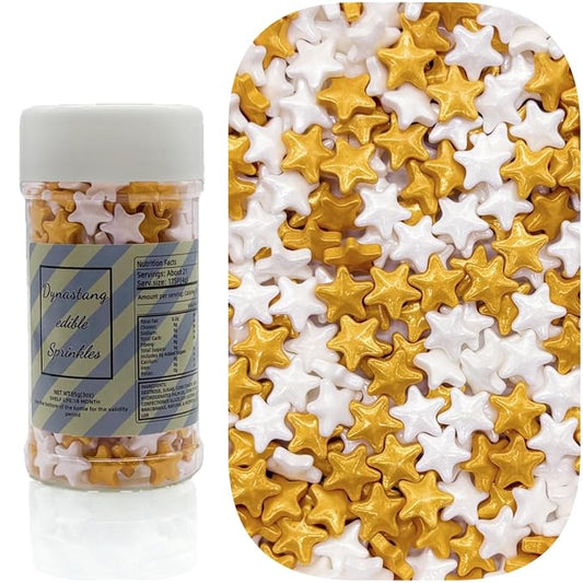 Dynastang Gold & White Stars Sprinkles Edible Stars Cake Decorating Stars Cake Decorations Cupcake Toppers Cookie Decorating Perfect for Cakes, Cupcakes, Desserts Toppings 3OZ