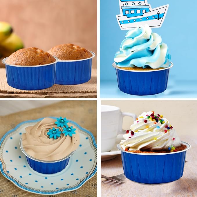 100Pcs Aluminum Cups with Lids,5oz Disposable Ramekin Baking Cups Muffin Liners Mini Pie Pans Foil Cupcake Containers for Christmas Party Wedding Party,Dark Blue