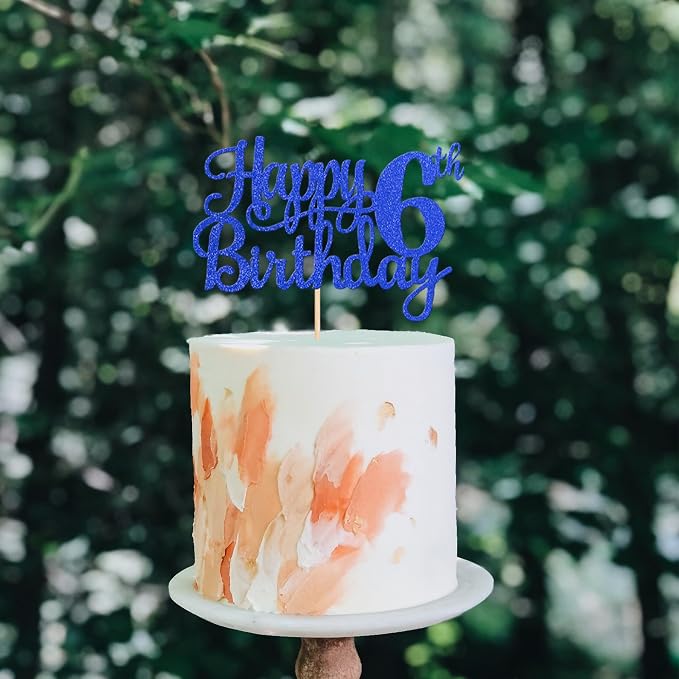 1 PCS Happy 6th Birthday Cake Topper - Glitter Cheers to 6 Years - Fabulous Cake Decoration for Blue Theme Party