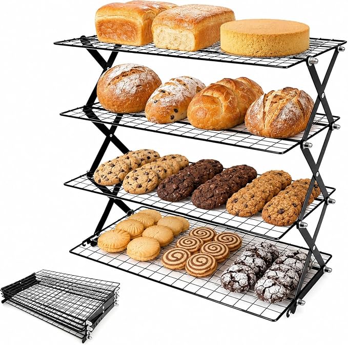 4-Tier Cooling Rack, Foldable Stackable Baking Rack | Collapsible wire rack with 4 tiers for cooling cookies, cakes, bread and pastries. Folds flat for easy storage