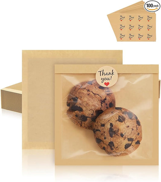 FireKylin 100 Pack Cookie Bags with Heat Sealing, 7.1 x 7.5 Inch Bakery Bags with Window, Grease Resistant Cookie Packing for Treats, Baked Goods, Bagel, Cake Slice, Sandwich (7.1"x7.5"-100pcs)