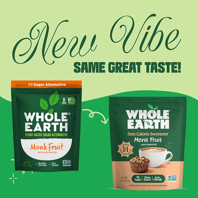 WHOLE EARTH Monk Fruit Sweetener with Erythritol, Plant-Based Sugar Alternative, 12 Ounce Pouch