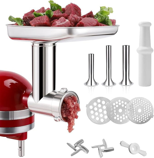 KINGEAGLE Stainless Steel Food Grinder Attachment for KitchenAid Stand Mixer, Durable Meat Grinder, Includes 3 Grinding Plates, 3 Sausage Stuffer Tubes, 2 Grinding Blades, Dishwasher Safe