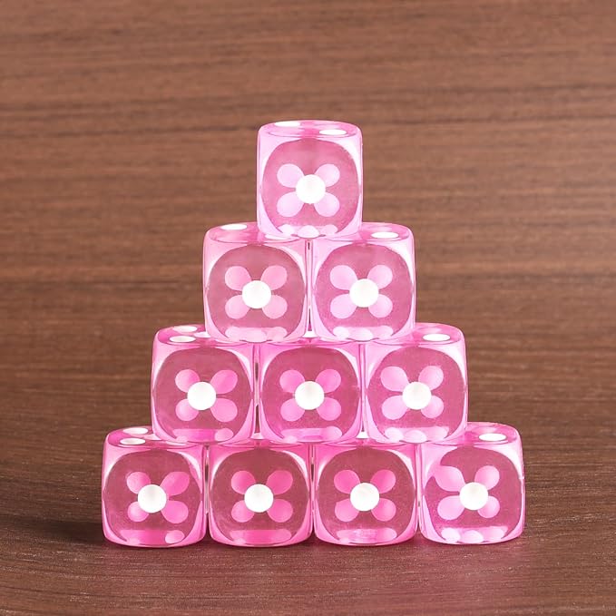 24 of Pack 16MM 6 Sided Dice Set,Translucent Colors D6 Game Dice Set, 6 Sided Standard Dices for Yahtzee, Bunco or Teaching Math,with Portable Dice Pouch(Pink)