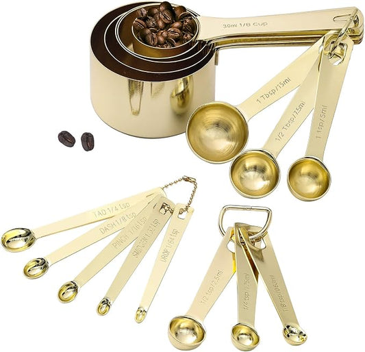 Gold Measuring Cups & Spoons Set of 16, Heavy Duty Stainless Steel Measuring Cups Measuring Spoons for Measuring Dry Liquid Ingredients for Baking Cooking, Gold Kitchen Accessories Gift