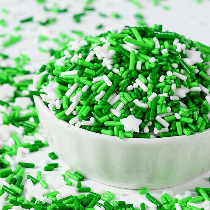 St Patrick's Day White and Green Jimmies Star Sprinkles - 7oz Edible Sprinkle Mix, Irish Themed Jimmy Sprinkles Toppers for Decorating Baking Cupcakes Cake Cookies Ice Creams Candy Irish Shamrock Party
