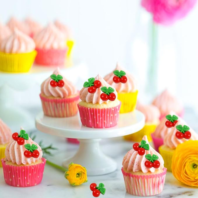 24Pcs Resin Cherry Cupcake Toppers 2D Fruit Cherries Cupcake Picks for Baby Shower She Is Cherry On Topper Party Decorations Boys Girls Fruit Birthday Party Supplies Cherries Table Decorations