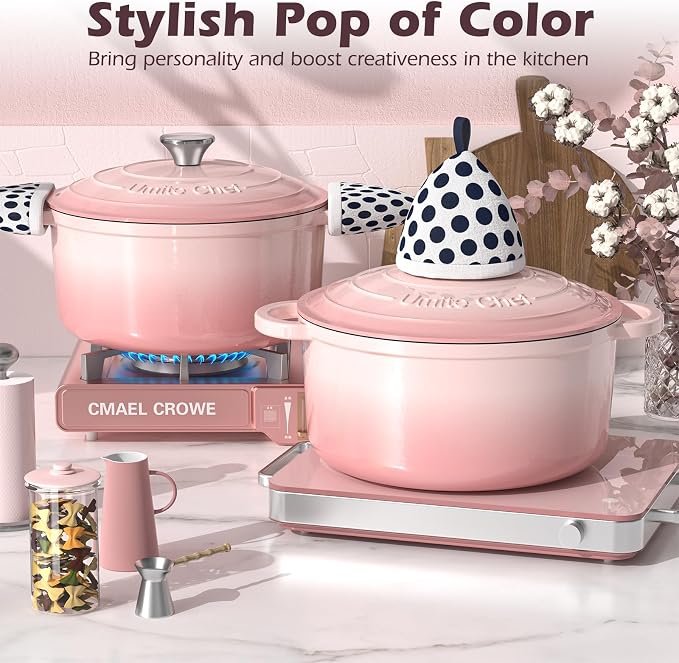 Umite Chef Enameled Cast Iron Dutch Oven-7QT Pot with Lid Cookbook & Cotton, Heavy-Duty Cookware for for Bread Baking, Braising, Stews, Marinate, Cook(Pink)