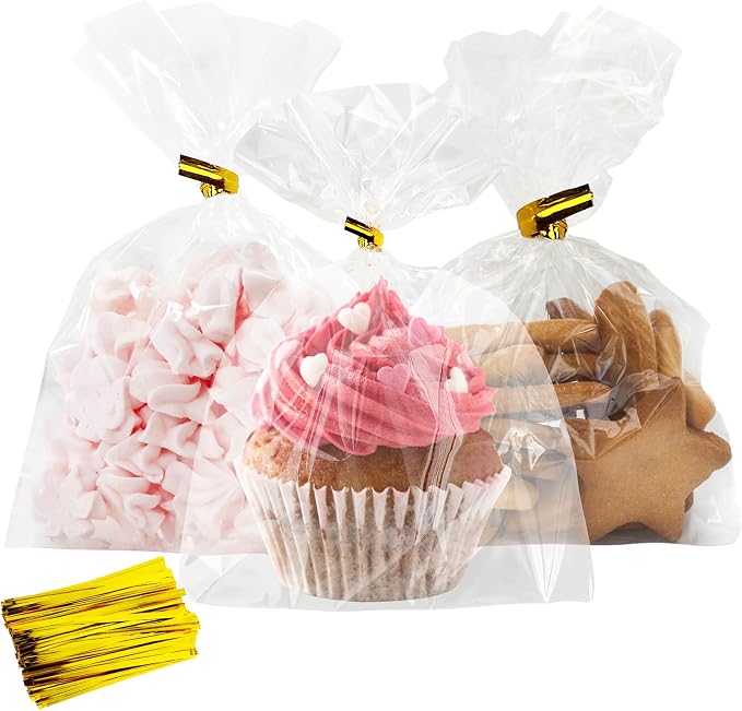 Cidenbio 100 PCS Cellophane Treat Bags, 5x7 In Clear Cellophane Gift Bags with Twist Ties Plastic Goodie Bag for Party Favor Cookie Candy Popcorn Bakery Chocolate Gift Wrapping