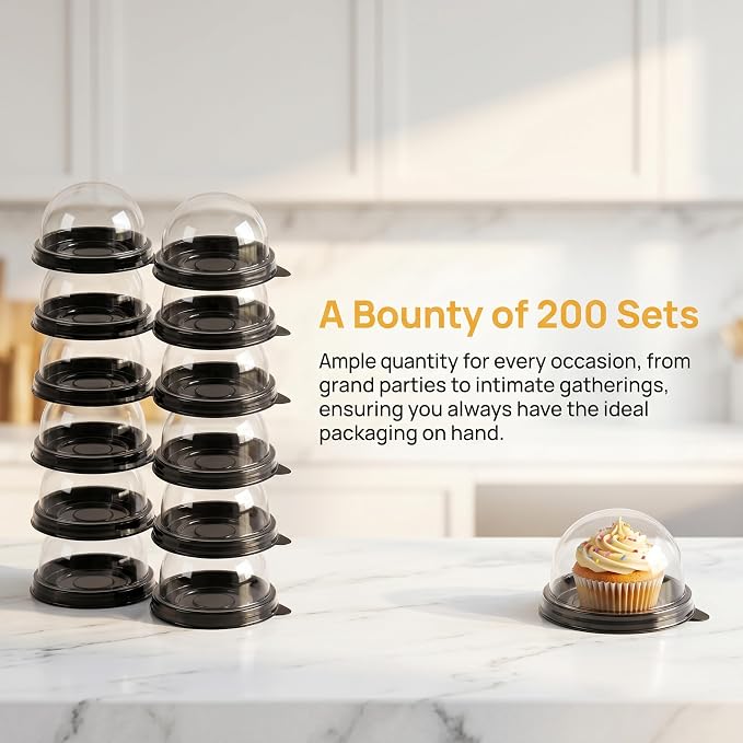 200 Pack Clear Plastic Mini Cupcake Containers, Single Cupcake Boxes with Dome Lids, Disposable Muffin Pastry Dessert Holders for Wedding, Birthday, Party, and Bakery