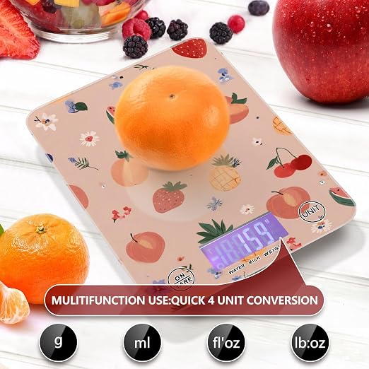 Food Scale Kitchen Digital Scale Food Ounces and Grams Dieting Baking Cooking Waterproof Glass Panels LCD Display,4 Units Scale Tare Function Peach Fruits