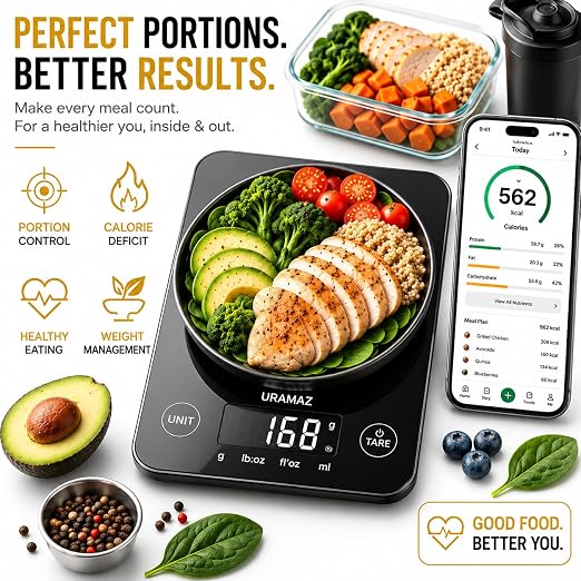 URAMAZ Smart Food Scale with Nutritional Calculator, Digital Kitchen Scale with Bluetooth App for Weight Loss, Food Weight Scale for Diet, Keto, Macro, Calories Counting, Tracking, 11lb