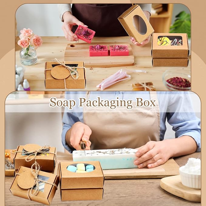 Yexiya 60 Pcs Homemade Soap Boxes 3.55 x 2.4 x 1.2 Inch Kraft Soap Box with Window Mini Gift Packaging Supplies for Homemade Bakery Candy Cookies Party Favor(Kraft Color)