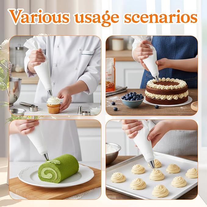 Pastry Bags and Tips 9 PCS Reusable Piping Bags and Tips Set with Coupler, 16" Large Pastry Bag, Stainless Steel Nozzles and Cleaner for Cake Decorating, Baking Supplies