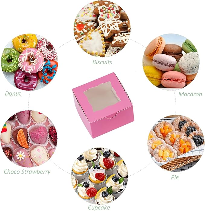 100Pcs Paper Cookie Boxes With Window Small Bakery Boxes 4x4x2.5 Inches Mini Cake Boxes For Pastries,Cupcakes,Desserts,Donuts,Chocolate Strawberries,Candy,Treat Boxes(4 * 4 * 2.5,Pink)