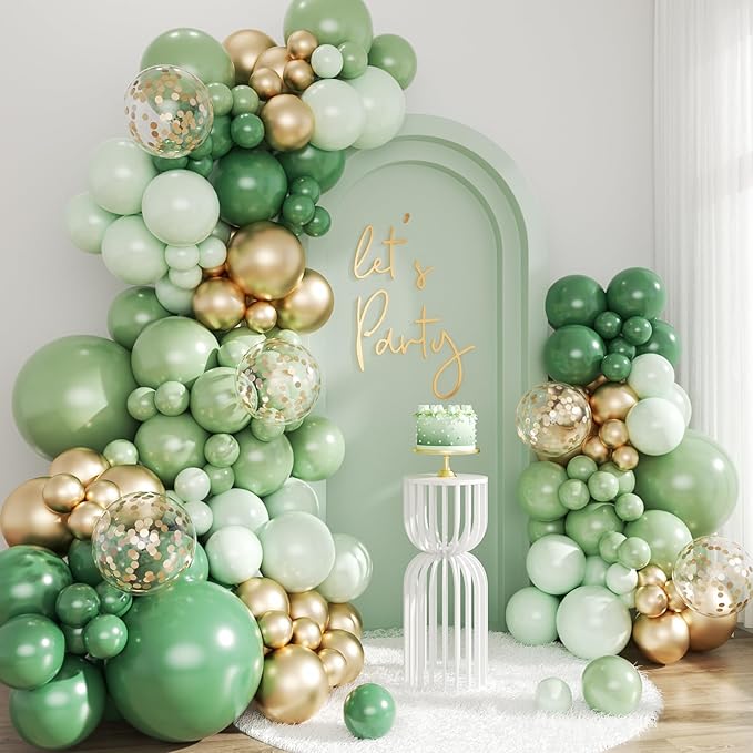 Green and Gold Balloon Arch Kit, 143Pcs Emerald Sage Green Gold Balloons Garland Arch Kit Coffetti Balloons for Hunter Forest Birthday Wedding Baby Shower Gender Reveal Baptism Decorations