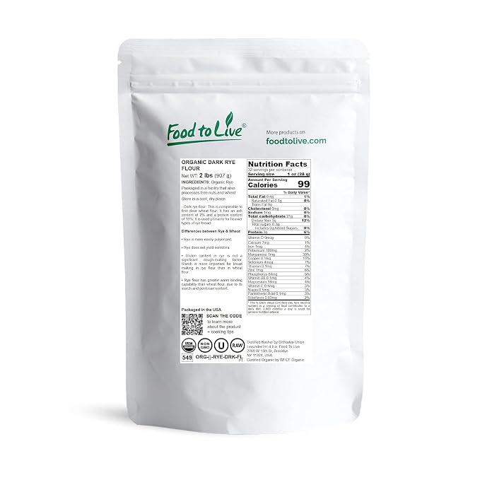 Food to Live Organic Dark Rye Flour, 2 Pounds – Whole Grain, Non-GMO, Stone Ground, Kosher, Raw, Vegan, Bulk, Great for Baking Bread, Product of the USA
