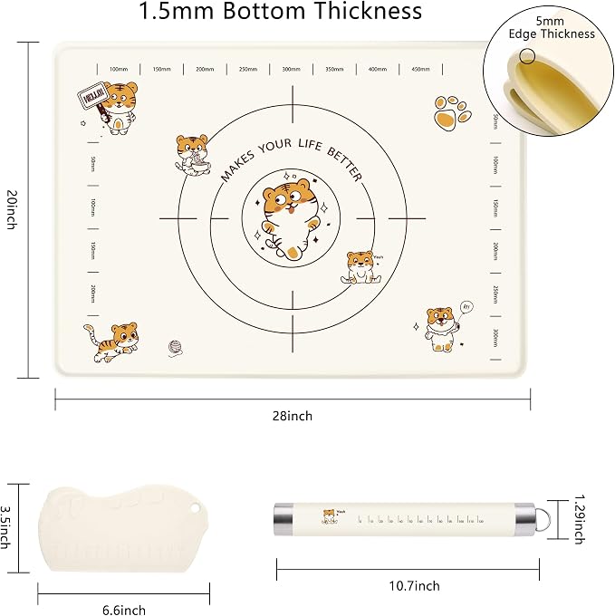 28x20 Inch Extra Thick Silicone Pastry Board, Silicone Baking Mat with Measurements, Non-slip Silicone Mat, Kneading Counter Mat, Non-Stick Dough Mat with Edge Heightening