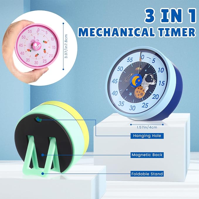 Tellegloww 3 Pcs Visual Timer for Kids 60 Minute Desk Mechanical Countdown Timers with Magnetic Backing Foldable Legs Hanging Hole for Kitchen Cooking Classroom Whiteboard, Kids with Autism