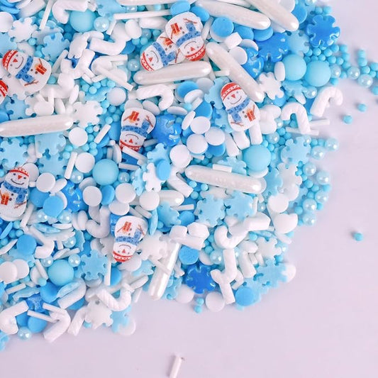 Christmas Sprinkles Winter Holiday Snowflake Sprinkles for Cake Decorating Edible Blue White Sprinkle Snowman Frozen Sprinkle Pearls Sugar Jimmies Mix for Cookie Baking Cake Decoration 3.5 Oz